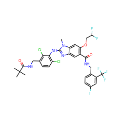 Cn1c(Nc2c(Cl)ccc(CNC(=O)C(C)(C)C)c2Cl)nc2cc(C(=O)NCc3ccc(F)cc3C(F)(F)F)c(OCC(F)F)cc21 ZINC000169703087