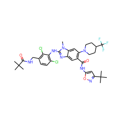 Cn1c(Nc2c(Cl)ccc(CNC(=O)C(C)(C)C)c2Cl)nc2cc(C(=O)Nc3cc(C(C)(C)C)no3)c(N3CCC(C(F)(F)F)CC3)cc21 ZINC000165384335