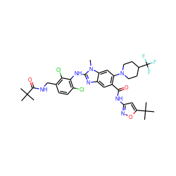 Cn1c(Nc2c(Cl)ccc(CNC(=O)C(C)(C)C)c2Cl)nc2cc(C(=O)Nc3cc(C(C)(C)C)on3)c(N3CCC(C(F)(F)F)CC3)cc21 ZINC000169701034