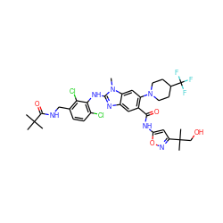 Cn1c(Nc2c(Cl)ccc(CNC(=O)C(C)(C)C)c2Cl)nc2cc(C(=O)Nc3cc(C(C)(C)CO)no3)c(N3CCC(C(F)(F)F)CC3)cc21 ZINC000169701035