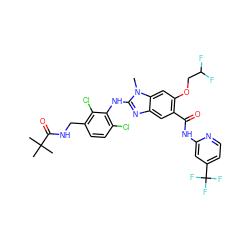 Cn1c(Nc2c(Cl)ccc(CNC(=O)C(C)(C)C)c2Cl)nc2cc(C(=O)Nc3cc(C(F)(F)F)ccn3)c(OCC(F)F)cc21 ZINC000169703135