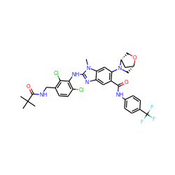 Cn1c(Nc2c(Cl)ccc(CNC(=O)C(C)(C)C)c2Cl)nc2cc(C(=O)Nc3ccc(C(F)(F)F)cc3)c(N3C[C@@H]4C[C@H]3CO4)cc21 ZINC000169701004