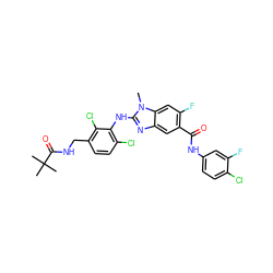 Cn1c(Nc2c(Cl)ccc(CNC(=O)C(C)(C)C)c2Cl)nc2cc(C(=O)Nc3ccc(Cl)c(F)c3)c(F)cc21 ZINC000169703068