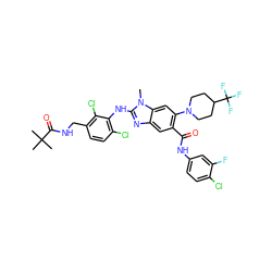 Cn1c(Nc2c(Cl)ccc(CNC(=O)C(C)(C)C)c2Cl)nc2cc(C(=O)Nc3ccc(Cl)c(F)c3)c(N3CCC(C(F)(F)F)CC3)cc21 ZINC000169700924