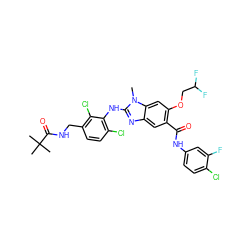 Cn1c(Nc2c(Cl)ccc(CNC(=O)C(C)(C)C)c2Cl)nc2cc(C(=O)Nc3ccc(Cl)c(F)c3)c(OCC(F)F)cc21 ZINC000169703102