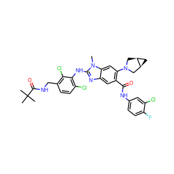 Cn1c(Nc2c(Cl)ccc(CNC(=O)C(C)(C)C)c2Cl)nc2cc(C(=O)Nc3ccc(F)c(Cl)c3)c(N3C[C@H]4C[C@H]4C3)cc21 ZINC000169700936