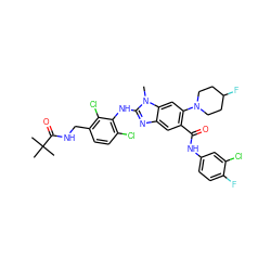 Cn1c(Nc2c(Cl)ccc(CNC(=O)C(C)(C)C)c2Cl)nc2cc(C(=O)Nc3ccc(F)c(Cl)c3)c(N3CCC(F)CC3)cc21 ZINC000165398131