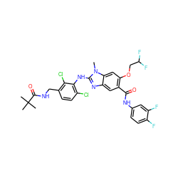 Cn1c(Nc2c(Cl)ccc(CNC(=O)C(C)(C)C)c2Cl)nc2cc(C(=O)Nc3ccc(F)c(F)c3)c(OCC(F)F)cc21 ZINC000169703141