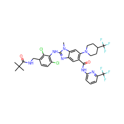 Cn1c(Nc2c(Cl)ccc(CNC(=O)C(C)(C)C)c2Cl)nc2cc(C(=O)Nc3cccc(C(F)(F)F)n3)c(N3CCC(C(F)(F)F)CC3)cc21 ZINC000169700923