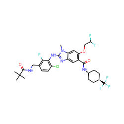 Cn1c(Nc2c(Cl)ccc(CNC(=O)C(C)(C)C)c2F)nc2cc(C(=O)N[C@H]3CC[C@H](C(F)(F)F)CC3)c(OCC(F)F)cc21 ZINC000261089852