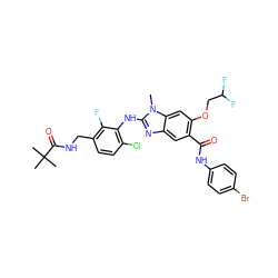 Cn1c(Nc2c(Cl)ccc(CNC(=O)C(C)(C)C)c2F)nc2cc(C(=O)Nc3ccc(Br)cc3)c(OCC(F)F)cc21 ZINC000169703058