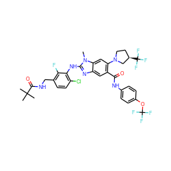 Cn1c(Nc2c(Cl)ccc(CNC(=O)C(C)(C)C)c2F)nc2cc(C(=O)Nc3ccc(OC(F)(F)F)cc3)c(N3CC[C@@H](C(F)(F)F)C3)cc21 ZINC000169701019