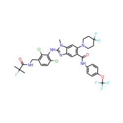 Cn1c(Nc2c(Cl)ccc(CNC(=O)C(C)(C)F)c2Cl)nc2cc(C(=O)Nc3ccc(OC(F)(F)F)cc3)c(N3CCC(F)(F)CC3)cc21 ZINC000169701021