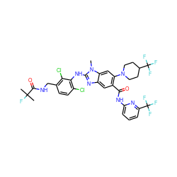 Cn1c(Nc2c(Cl)ccc(CNC(=O)C(C)(C)F)c2Cl)nc2cc(C(=O)Nc3cccc(C(F)(F)F)n3)c(N3CCC(C(F)(F)F)CC3)cc21 ZINC000169701060