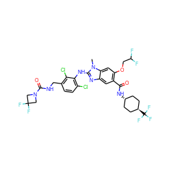 Cn1c(Nc2c(Cl)ccc(CNC(=O)N3CC(F)(F)C3)c2Cl)nc2cc(C(=O)N[C@H]3CC[C@H](C(F)(F)F)CC3)c(OCC(F)F)cc21 ZINC000261128042