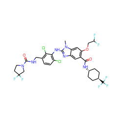 Cn1c(Nc2c(Cl)ccc(CNC(=O)N3CCC(F)(F)C3)c2Cl)nc2cc(C(=O)N[C@H]3CC[C@H](C(F)(F)F)CC3)c(OCC(F)F)cc21 ZINC000261188760