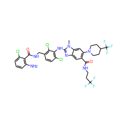 Cn1c(Nc2c(Cl)ccc(CNC(=O)c3c(N)cccc3Cl)c2Cl)nc2cc(C(=O)NCCC(F)(F)F)c(N3CCC(C(F)(F)F)CC3)cc21 ZINC000169701044