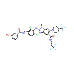 Cn1c(Nc2c(Cl)ccc(CNC(=O)c3cccc(O)c3)c2Cl)nc2cc(C(=O)NCCC(F)(F)F)c(N3CCC(C(F)(F)F)CC3)cc21 ZINC000169701046