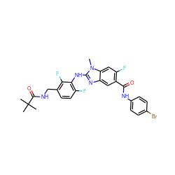 Cn1c(Nc2c(F)ccc(CNC(=O)C(C)(C)C)c2F)nc2cc(C(=O)Nc3ccc(Br)cc3)c(F)cc21 ZINC000169703059