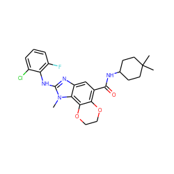 Cn1c(Nc2c(F)cccc2Cl)nc2cc(C(=O)NC3CCC(C)(C)CC3)c3c(c21)OCCO3 ZINC000205305573