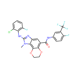 Cn1c(Nc2c(F)cccc2Cl)nc2cc(C(=O)Nc3ccc(F)c(C(F)(F)F)c3)c3c(c21)OCCO3 ZINC000205309290