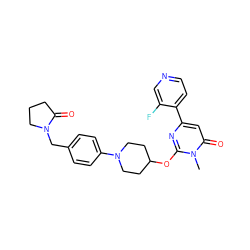 Cn1c(OC2CCN(c3ccc(CN4CCCC4=O)cc3)CC2)nc(-c2ccncc2F)cc1=O ZINC000146582820