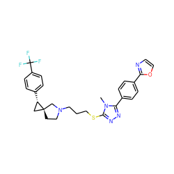 Cn1c(SCCCN2CC[C@]3(C[C@@H]3c3ccc(C(F)(F)F)cc3)C2)nnc1-c1ccc(-c2ncco2)cc1 ZINC001772598036