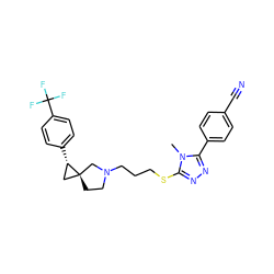 Cn1c(SCCCN2CC[C@]3(C[C@@H]3c3ccc(C(F)(F)F)cc3)C2)nnc1-c1ccc(C#N)cc1 ZINC001772623295