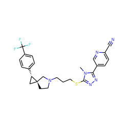 Cn1c(SCCCN2CC[C@]3(C[C@@H]3c3ccc(C(F)(F)F)cc3)C2)nnc1-c1ccc(C#N)nc1 ZINC001772656946