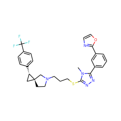 Cn1c(SCCCN2CC[C@]3(C[C@@H]3c3ccc(C(F)(F)F)cc3)C2)nnc1-c1cccc(-c2ncco2)c1 ZINC001772632541