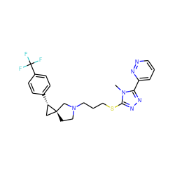 Cn1c(SCCCN2CC[C@]3(C[C@@H]3c3ccc(C(F)(F)F)cc3)C2)nnc1-c1cccnn1 ZINC001772602291