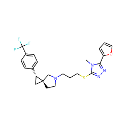 Cn1c(SCCCN2CC[C@]3(C[C@@H]3c3ccc(C(F)(F)F)cc3)C2)nnc1-c1ccco1 ZINC001772648456