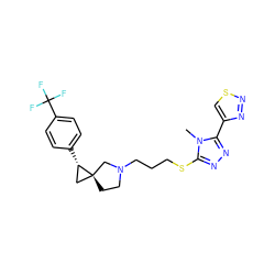 Cn1c(SCCCN2CC[C@]3(C[C@@H]3c3ccc(C(F)(F)F)cc3)C2)nnc1-c1csnn1 ZINC001772618153