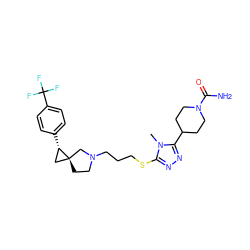 Cn1c(SCCCN2CC[C@]3(C[C@@H]3c3ccc(C(F)(F)F)cc3)C2)nnc1C1CCN(C(N)=O)CC1 ZINC001772640389