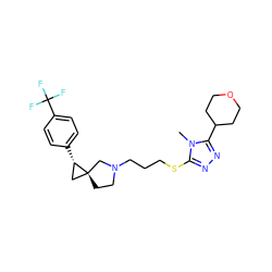 Cn1c(SCCCN2CC[C@]3(C[C@@H]3c3ccc(C(F)(F)F)cc3)C2)nnc1C1CCOCC1 ZINC001772626163