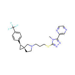 Cn1c(SCCCN2CC[C@]3(C[C@H]3c3ccc(C(F)(F)F)cc3)C2)nnc1-c1cnccn1 ZINC001772603660