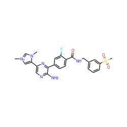 Cn1c[n+](C)cc1-c1cnc(N)c(-c2ccc(C(=O)NCc3cccc(S(C)(=O)=O)c3)c(F)c2)n1 ZINC001772603940