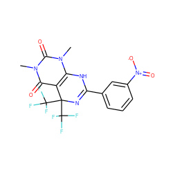 Cn1c2c(c(=O)n(C)c1=O)C(C(F)(F)F)(C(F)(F)F)N=C(c1cccc([N+](=O)[O-])c1)N2 ZINC000004453210