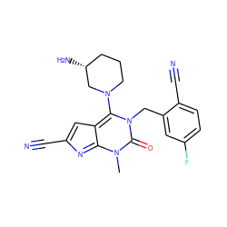 Cn1c2nc(C#N)cc-2c(N2CCC[C@@H](N)C2)n(Cc2cc(F)ccc2C#N)c1=O ZINC000169710339