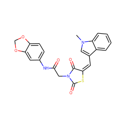 Cn1cc(/C=C2/SC(=O)N(CC(=O)Nc3ccc4c(c3)OCO4)C2=O)c2ccccc21 ZINC000001008678