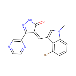 Cn1cc(/C=C2\C(=O)NN=C2c2cnccn2)c2c(Br)cccc21 ZINC000036338806