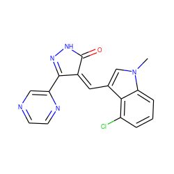 Cn1cc(/C=C2\C(=O)NN=C2c2cnccn2)c2c(Cl)cccc21 ZINC000036338798