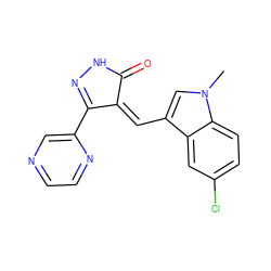 Cn1cc(/C=C2\C(=O)NN=C2c2cnccn2)c2cc(Cl)ccc21 ZINC000036338801