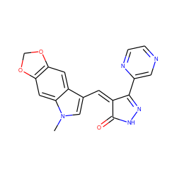 Cn1cc(/C=C2\C(=O)NN=C2c2cnccn2)c2cc3c(cc21)OCO3 ZINC000036338809