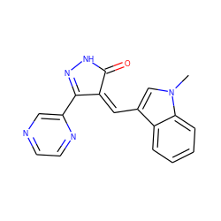 Cn1cc(/C=C2\C(=O)NN=C2c2cnccn2)c2ccccc21 ZINC000028396184