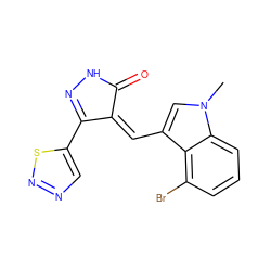 Cn1cc(/C=C2\C(=O)NN=C2c2cnns2)c2c(Br)cccc21 ZINC000028955039