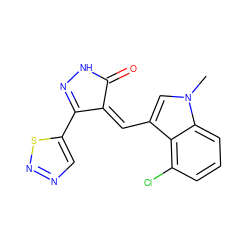 Cn1cc(/C=C2\C(=O)NN=C2c2cnns2)c2c(Cl)cccc21 ZINC000028955031