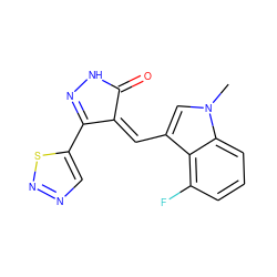 Cn1cc(/C=C2\C(=O)NN=C2c2cnns2)c2c(F)cccc21 ZINC000028955015