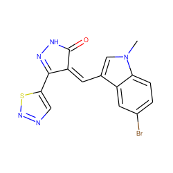 Cn1cc(/C=C2\C(=O)NN=C2c2cnns2)c2cc(Br)ccc21 ZINC000028955009