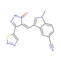 Cn1cc(/C=C2\C(=O)NN=C2c2cnns2)c2cc(C#N)ccc21 ZINC000028955000